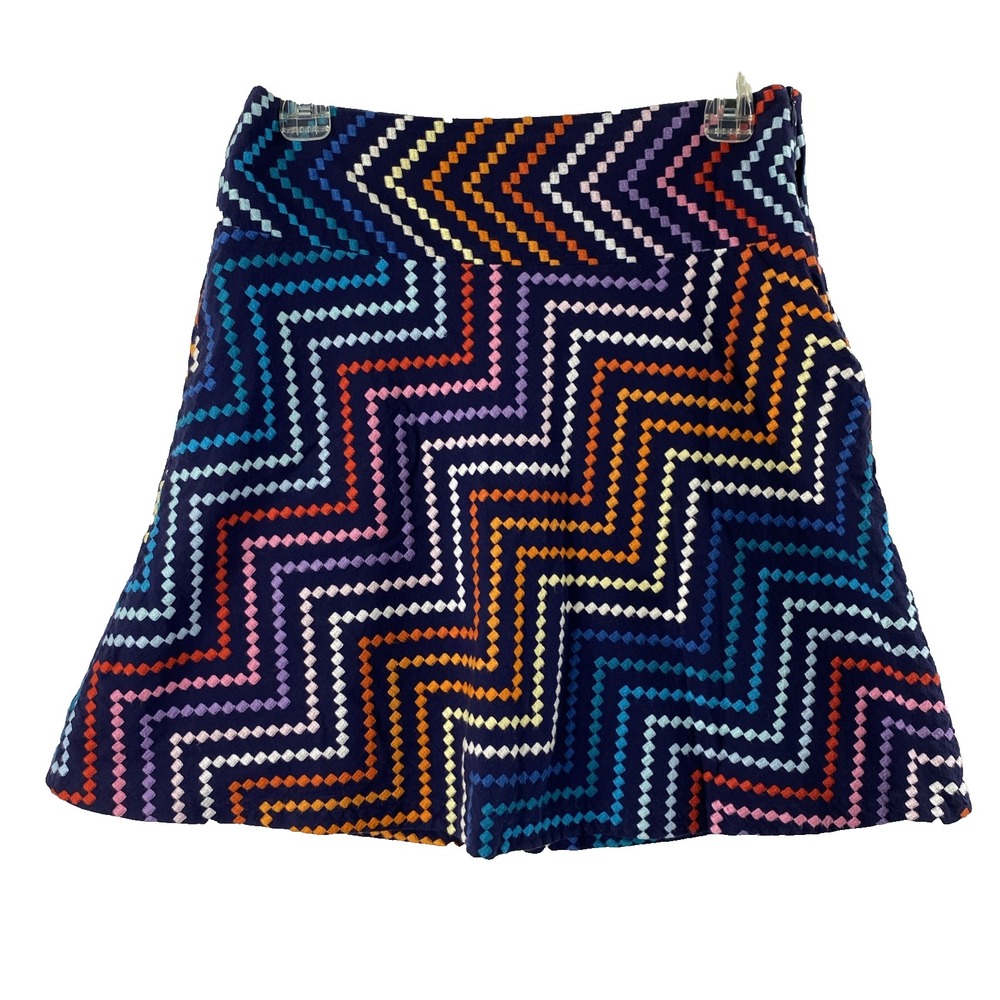 Sevier Skirt Womens 29 W Navy‎ Colorful Zigzag Embroidered A line Retro Mod